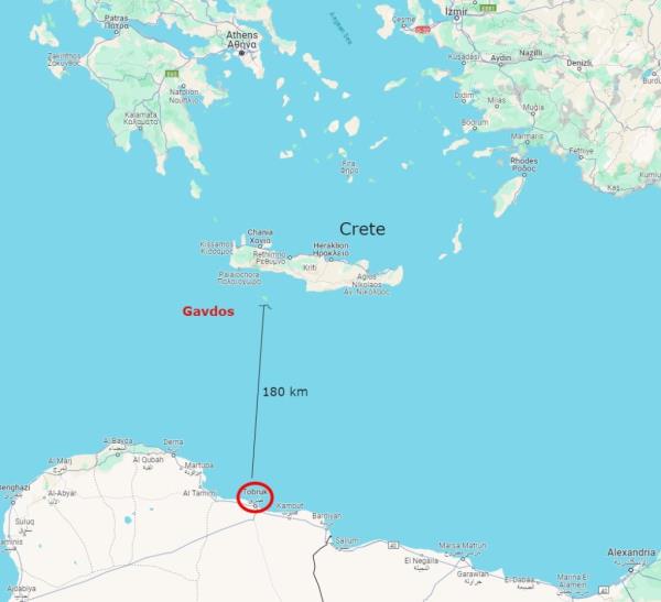 Gavdos is around 200 kilometers away from the Libyan port of Tobruk | Source: Google Maps