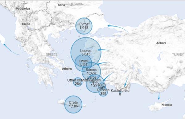 A map from UNHCR with figures last updated on March 31 2024 show how many migrants have arrived on which islands since the beginning of the year | Source: UNHCR data on migration in eastern Mediterranean www.data.unhcr.org