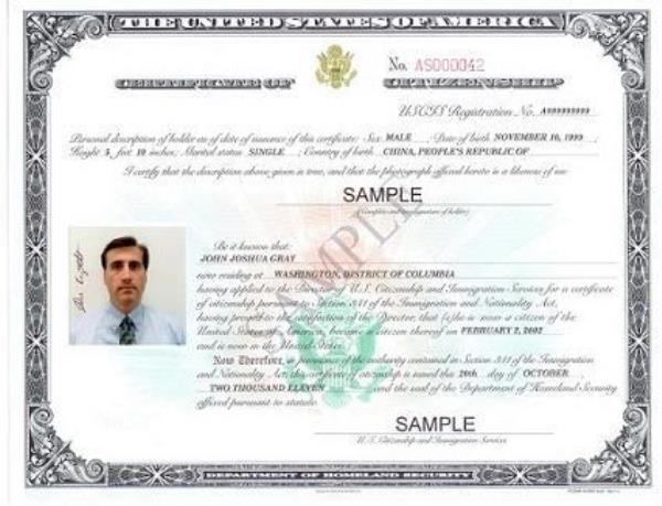 Certificate of Citizenship sample